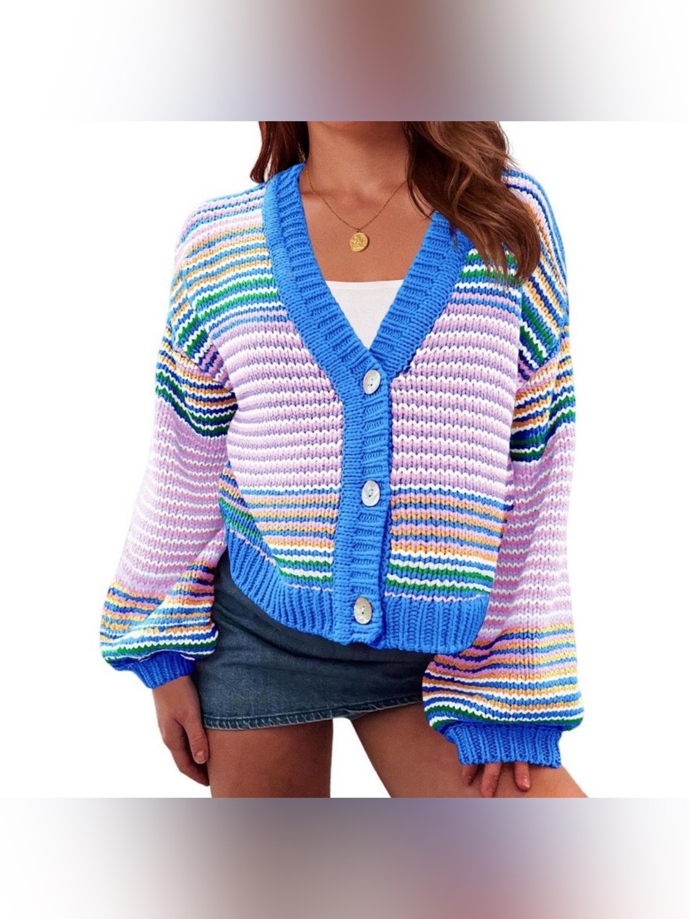 Imily Bela Striped Colorblock Cardigan Sweater – Oversized V-Neck Pink Blue